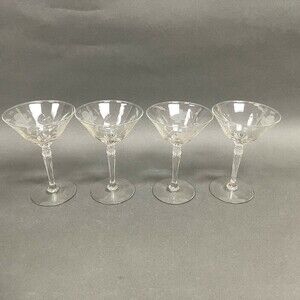 Vintage Wine Glass Glasses Clear Etched Roses Floral 6" High Lot of 4